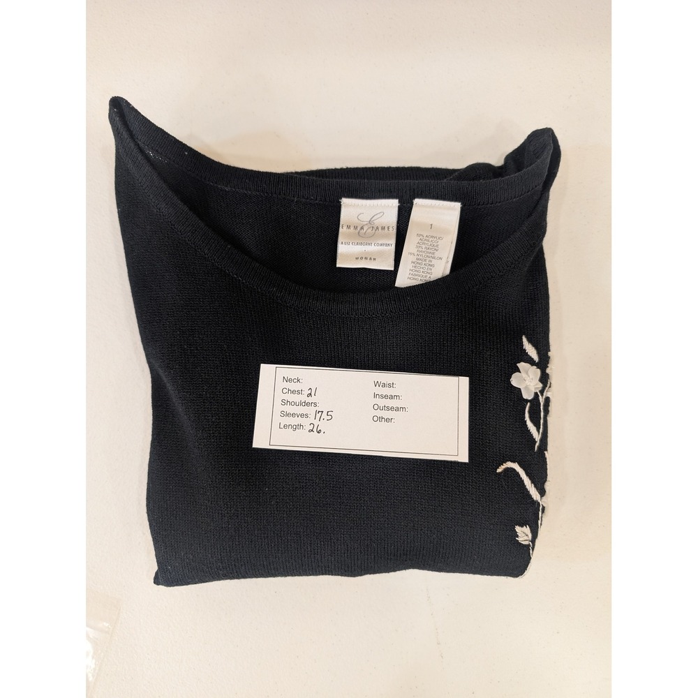 Emma James Black Knit Top Floral Applique Short Sleeve Size 1 Womens - Picture 5 of 5